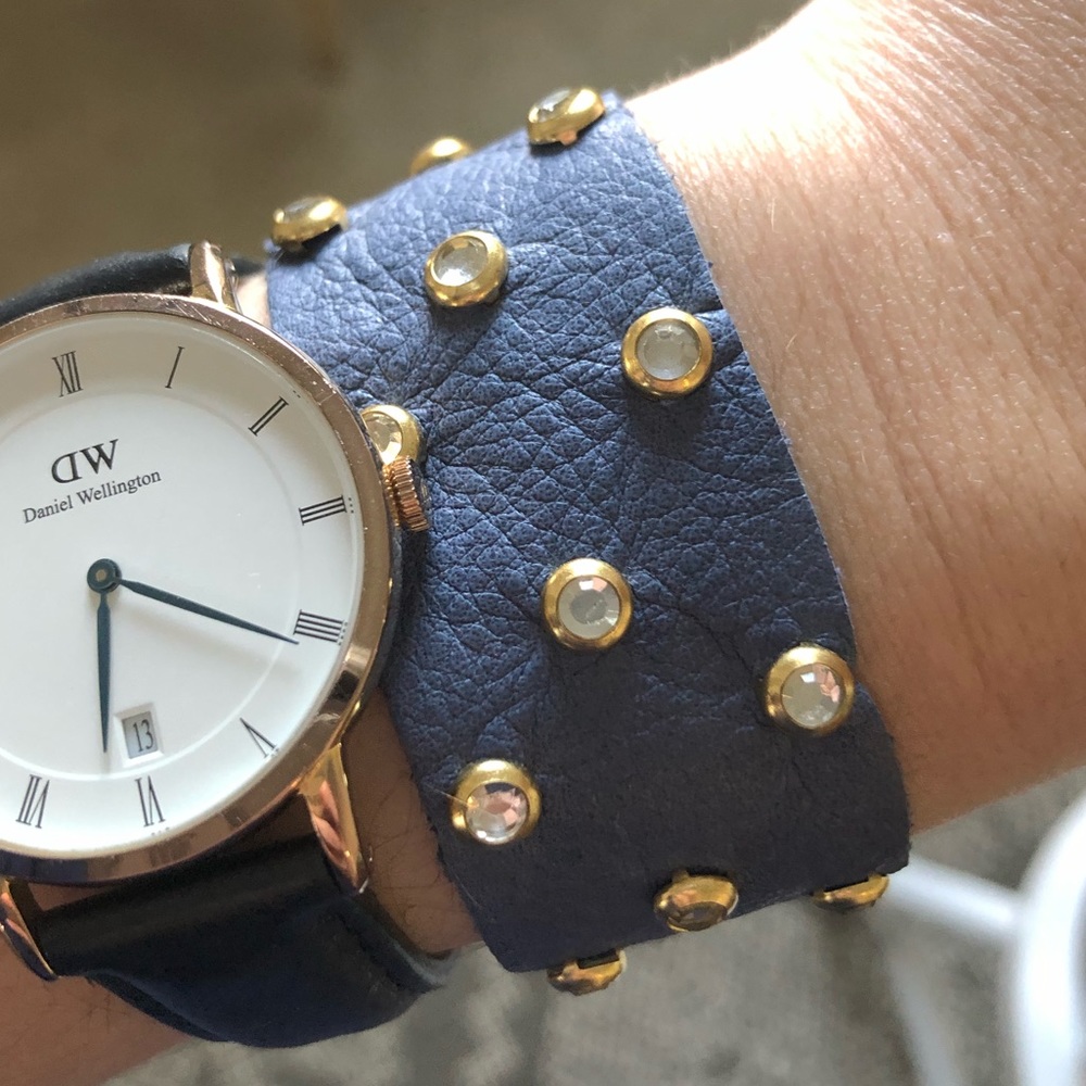 Blue Genuine Leather Bracelet with Gold Studs
